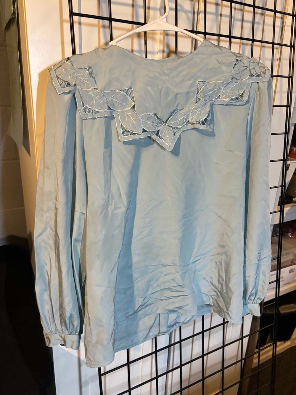 Vintage Light Blue Long Sleeve Blouse with Embroidered Leaf Collar size 9/10